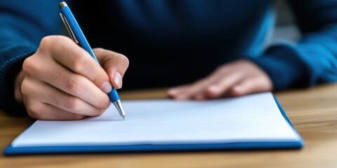 A close-up of an individual writing on a white notebook using a blue pen, showcasing the act of writing and focus on the written text amid a tranquil setting.