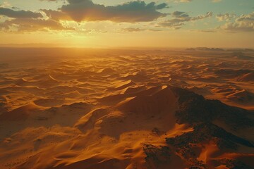 Golden Desert Dunes Under a Hazy Sunset Sky