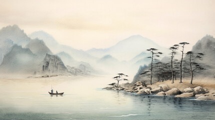 the view of a lake in the woods on a rainy day