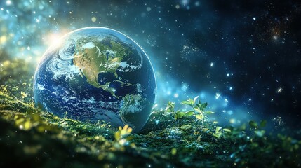 Earth glowing in space, with its ecosystems thriving, framed by distant galaxies