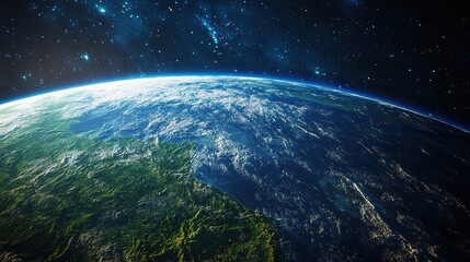 Fototapeta premium Earth glowing in space, with its ecosystems thriving, framed by distant galaxies