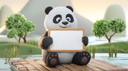 3D render of a panda bear holding a blank whiteboard