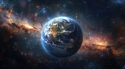 Fototapeta premium Earth glowing in space, with its ecosystems thriving, framed by distant galaxies