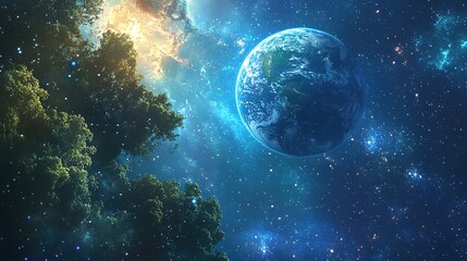 Earth glowing in space, with its ecosystems thriving, framed by distant galaxies