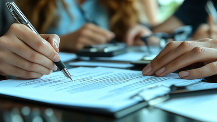 Fototapeta premium A focused team collaborates on paperwork, signing documents in a professional setting.