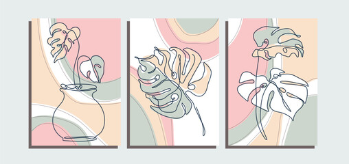 Set Of Three Mid Century Wall Art Background With Monstera Leaves And Continuous Line. Suitable for Wall Art Decoration, Brochure, Cover Design, Postcard, Banner and Others. Vector Illustration