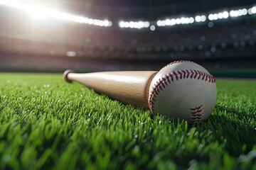 Baseball Bat and Ball on Green Field with Stadium Lights