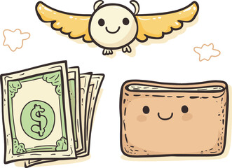 Money flying out of a wallet symbolizes spending.