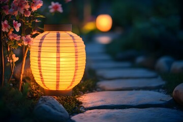 Fototapeta premium Illuminated Paper Lantern on Stone Path with Pink Flowers
