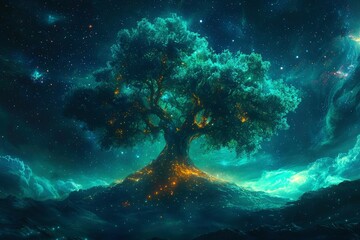 Glowing Tree on a Mountaintop Under a Starry Sky