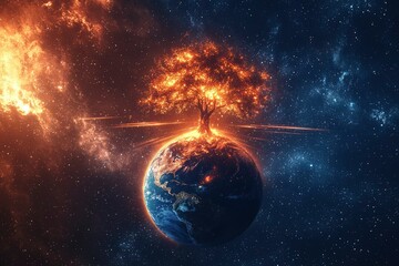 Glowing Tree of Life on a Cosmic Earth