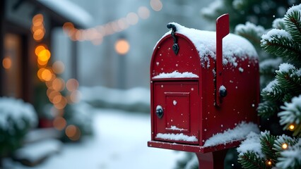 Red mailboxes with snow and Christmas decorations on a festive, snowy street