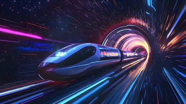 Futuristic Train Speeding Through Neon Tunnel
