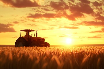 Fototapeta premium Tractor in Field at Sunset