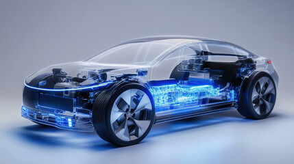 Fototapeta premium A futuristic car with a blue engine and a silver body. The car is made of glass and has a futuristic design