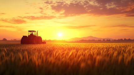 Fototapeta premium Golden Hour Sunset Tractor Field