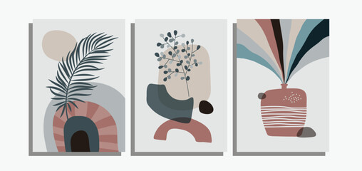 Set of 3 bohemian poster background with mid century element, pottery, palm leaves and abstract shape element. Suitable for wall art, home decor, background, poster, cover, flyer and other template.