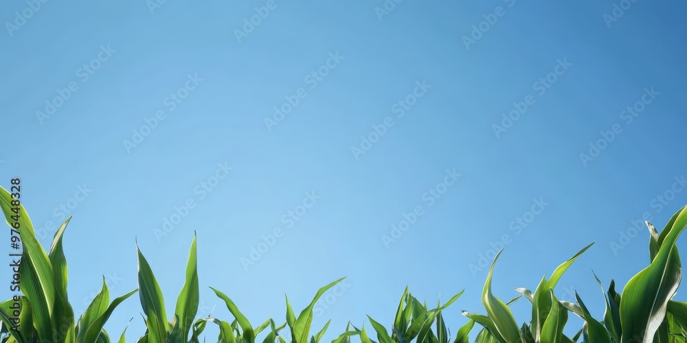 Wall mural a simple and clear image of green plants with a bright blue sky above, showcasing the fresh and vibr