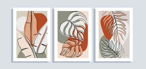 Set Of Three Mid Century Wall Art Background With Monstera Leaves And Continuous Line. Suitable for Wall Art Decoration, Brochure, Cover Design, Postcard, Banner and Others. Vector Illustration
