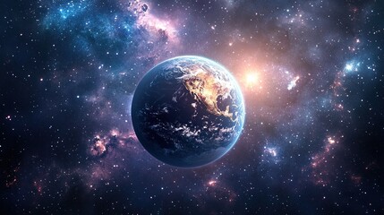 Obraz premium Earth glowing in space, with its ecosystems thriving, framed by distant galaxies