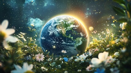 Earth glowing in space, surrounded by symbols of nature and ecology, in celebration of Earth Day