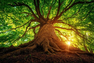 Fototapeta premium A Low Angle View of an Ancient Tree with Sunlight Streaming Through its Canopy