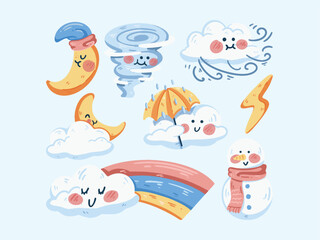 Handdrawn Cute Weather Character Set Illustration