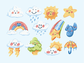 Handdrawn Cute Weather Character Set Illustration