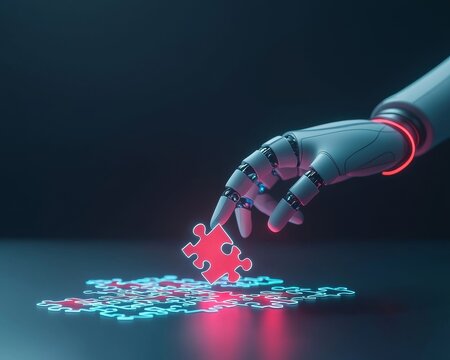 A robotic hand places a glowing red puzzle piece into a scattered puzzle.