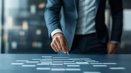 A businessman's hand points to a grid of blank cards on a table, suggesting a strategic planning process.