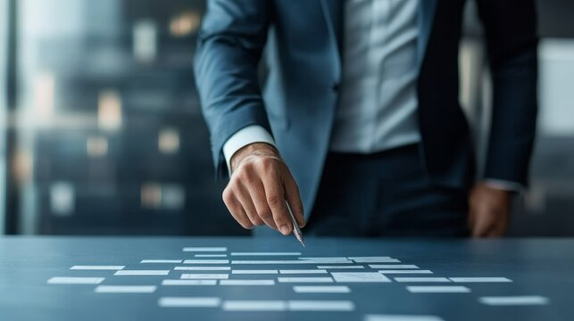 A businessman's hand points to a grid of blank cards on a table, suggesting a strategic planning process.