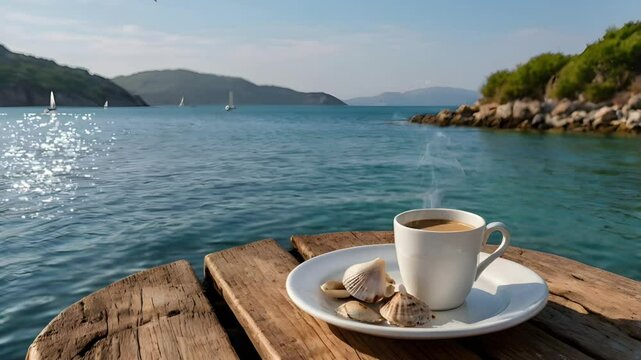 A cup of coffee on a wooden board with a view of the sea during the day. Seamless 4K looping timelapse video animation background