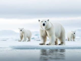 A polar bear family stands on a frozen ice floe in the Arctic, a stunning display of wildlife in a harsh environment.