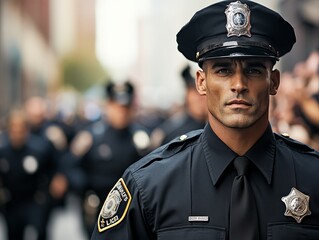 Obraz premium A police officer stands at attention during a parade, with other officers in the background.