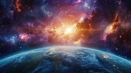 A space scene with Earth glowing among a sea of stars, floating in the universe