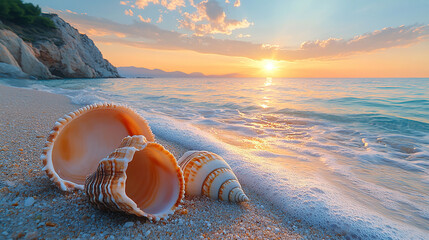 Obraz premium A beautiful beach with seashells and conches on the shore of at sunset