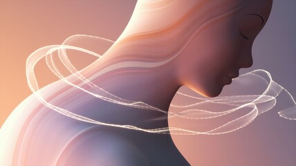 Stylized Illustration of Serene Woman with Hairless Head and Flowing Hair in Gentle Breeze