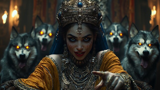 a rainha jezabel, personagem b&iacute;blico inimiga do povo de Deus e do profeta elias, sentada em seu trono com c&atilde;es que a devoraram ao fundo