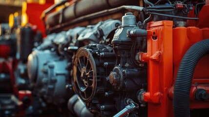 Fototapeta premium Close-up of detailed industrial engine with various components in vibrant colors
