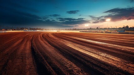 Sunset over a dirt race track with tire marks and a car speeding along in the distance, glowing lights and dark clouds in the sky.