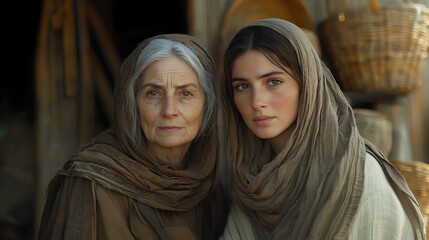 The widows Ruth the Moabite and Naomi, biblical characters from the book of Ruth, the story of a woman's loyalty to her mother-in-law