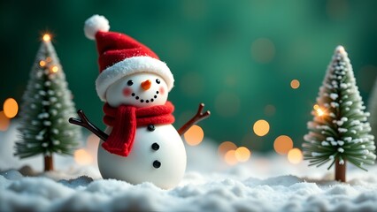 A smiling snowman with a red hat and scarf, surrounded by snow and festive lights in the background