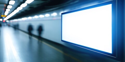 Obraz premium A brightly lit digital billboard with an empty screen is prominently displayed in a clean, modern subway station, with a few motion-blurred people walking behind it.