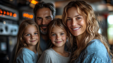 A family uses a smart panel to pay bills, surrounded by automated devices.