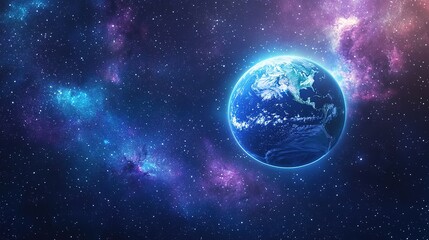 A space scene with Earth glowing among a sea of stars, floating in the universe
