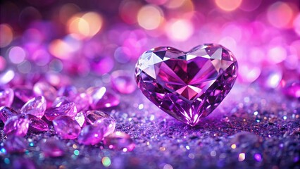 Vibrant diamond with a pink heart on sparkling purple pile in blurred background
