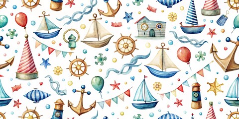 Marine adventure seamless watercolor pattern featuring anchors, waves, boats, binoculars, flags, dots, and hearts