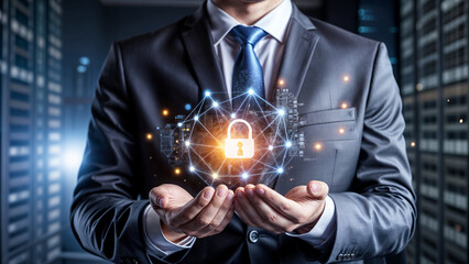 Man in suit holds glowing digital lock, symbolizing cybersecurity and data protection in a high-tech urban setting.