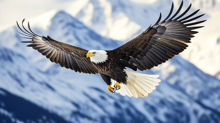 Obraz premium Bald eagle soaring in front of snow-capped mountains