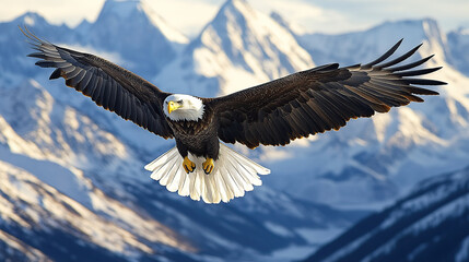 Obraz premium Bald eagle soaring in front of snow-capped mountains